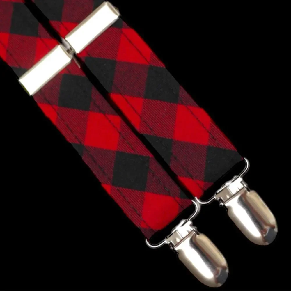 Vintage 70’s red and black plaid suspenders with silver metal clasps!